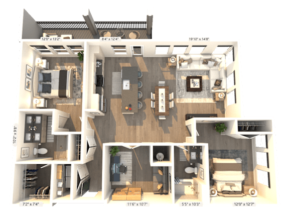 A 3D floor plan of a house with labeled dimensions.