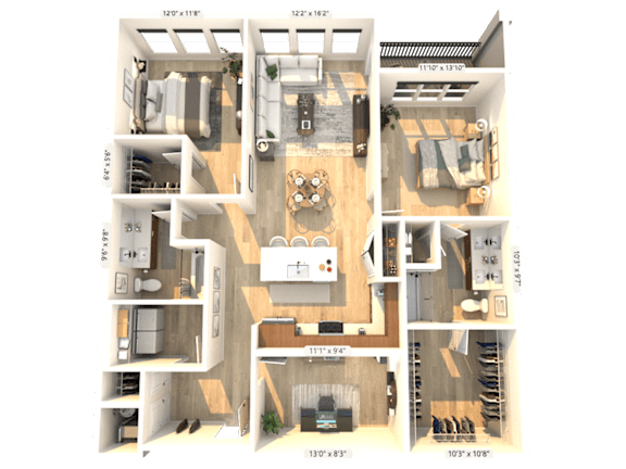 A 3D floor plan of a house with a living room, kitchen, and two bedrooms.