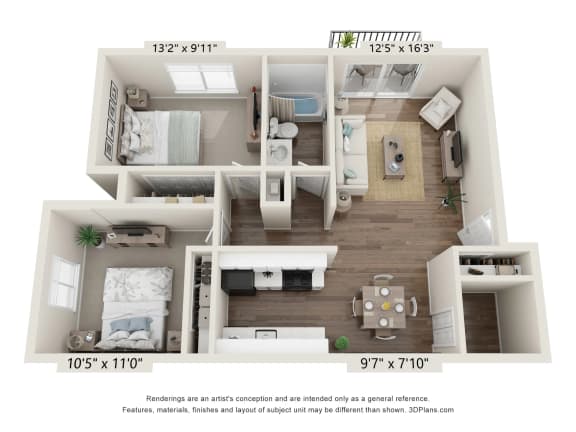 a 3d floor plan of a 2 bedroom apartment at Cordoba Apartments, Michigan, 48334