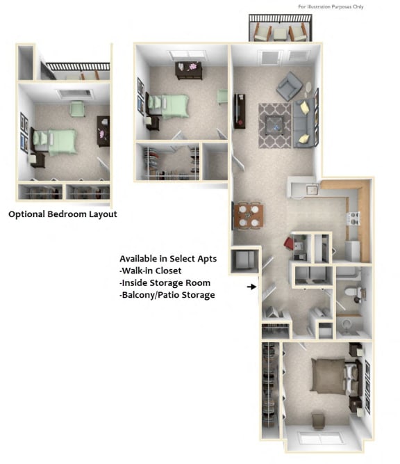 2-Bed/1-Bath, Dawn Floor Plan at Towne Lakes Apartments, Grand Chute, 54913