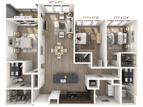A 3D floor plan of a house with dimensions and various rooms labeled