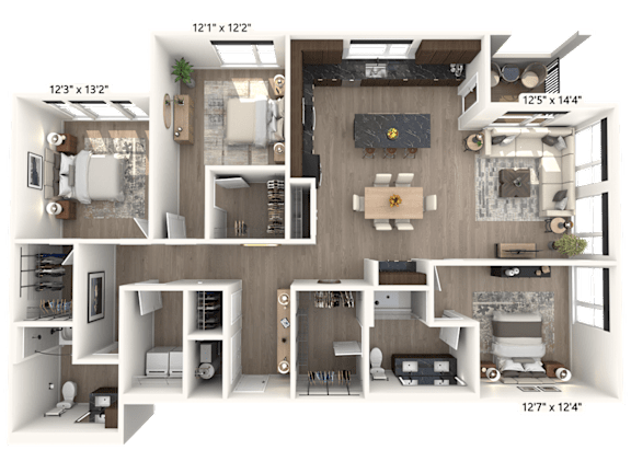 A 3D floor plan of a house with dimensions and furniture layout