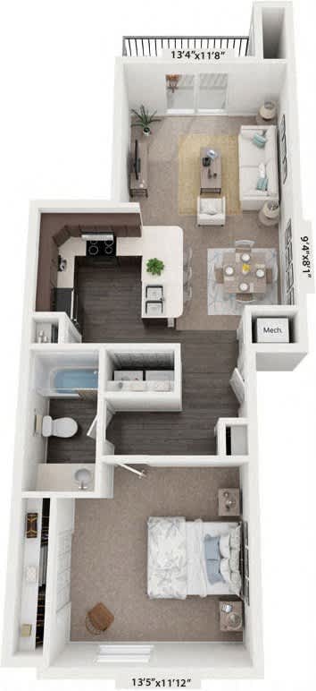 One Bedroom 3D Floor Plan at Dodson Pointe Apartment Homes in Rogers, Arkansas
