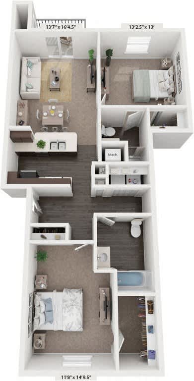 A two bedroom two bathroom 3D floor plan A two bedroom two bathroom 3D floor plan at Dodson Pointe Apartment Homes in Rogers, Arkansas