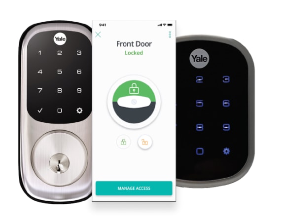 a smart door lock with a screen that says front door locked and a lock box with a at The Retreat Apartments, Virginia, 24019