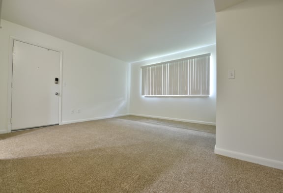 an empty living room with a window and white walls