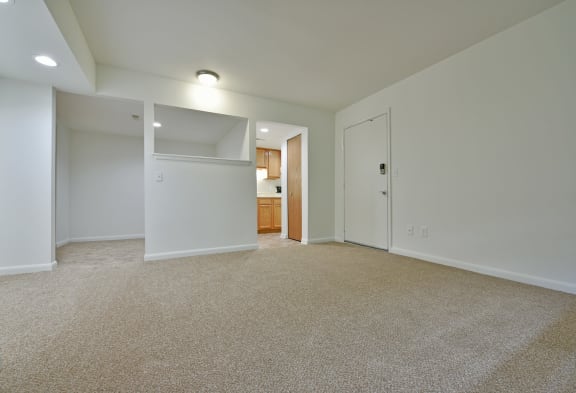 a spacious living room with carpet and a door to a kitchen