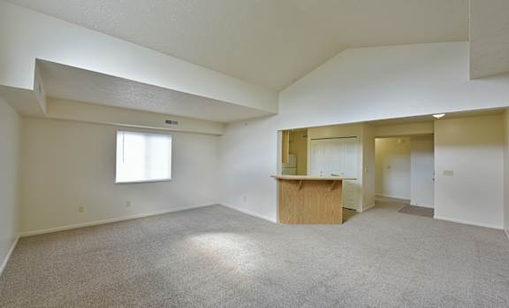 Basement living space with kitchenette and carpeting at Heatherwood Apartments, Michigan