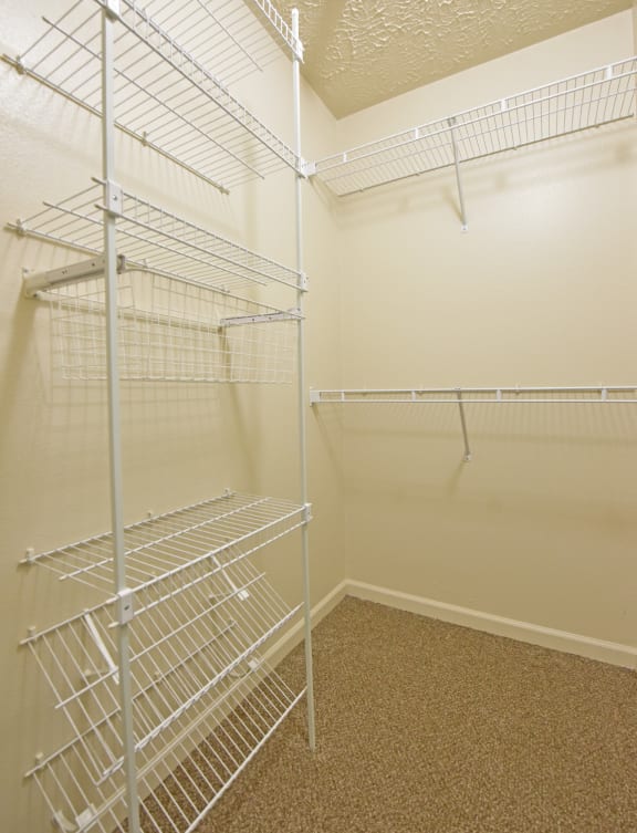 a closet with empty shelves in a room with white walls and carpet at Heatherwood Apartments, Michigan