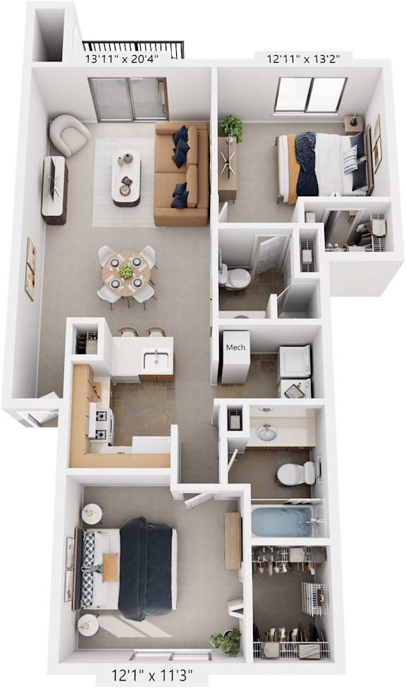 Two Bedroom Two Bath 3D Floorplan | 958-991 Sq. Ft at Dupont Lakes Apartments, Fort Wayne, 46825