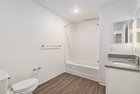 Main bathroom with hard surface flooring at Eagle Ridge Apartment Homes, Traverse City, MI 49685