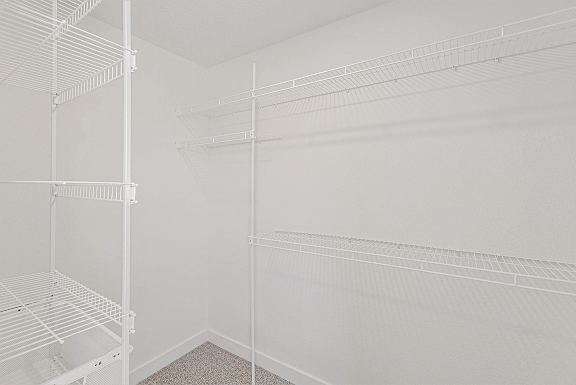 Bedroom with walk in closet with wardrobe organizers at Eagle Ridge Apartment Homes, Traverse City