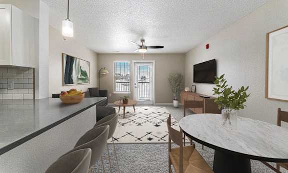 A modern kitchen with a dining table and chairs at Eagle Ridge Apartment Homes, Traverse City, MI 49685