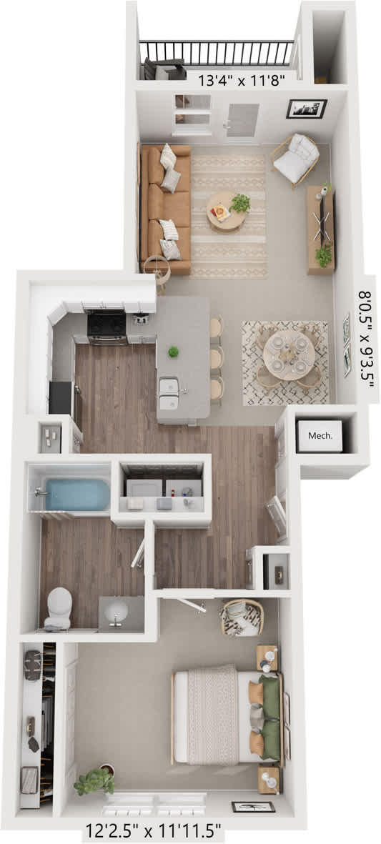 One bedroom 3D floor plan at Eagle Ridge Apartment Homes, Traverse City, MI 49685
