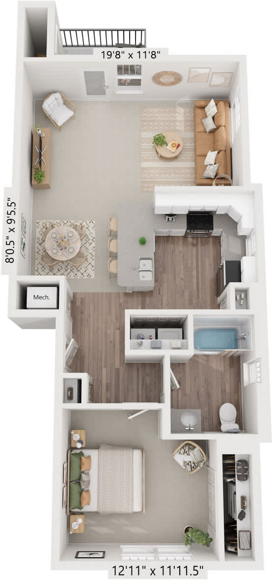 One bedroom end 3D floor plan at Eagle Ridge Apartment Homes, Traverse City, MI