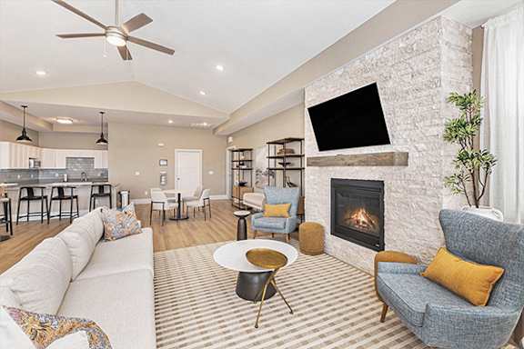 Modern community building with fireplace at Eagle Ridge Apartment Homes, Traverse City, MI 49685