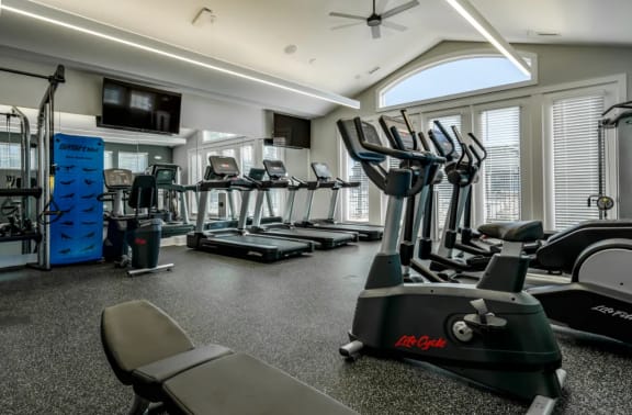 a gym with cardio equipment and a flat screen tv at Emerald Creek Apartments, Greenville