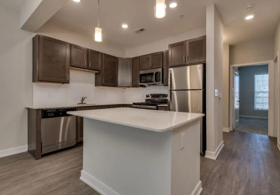a kitchen with a large island and stainless steel appliances at Emerald Creek Apartments, South Carolina
