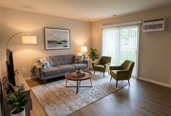 A living room with a grey couch, two chairs, a coffee table, and a television.