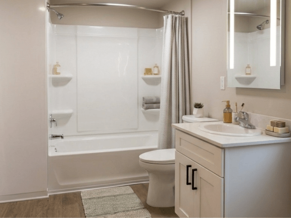 A white bathroom with a toilet, sink, and bathtub.