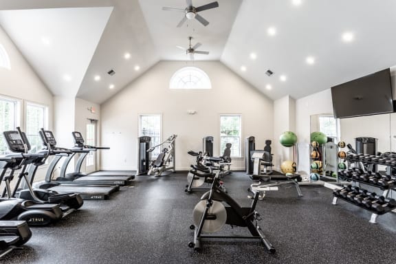 Cardio and Resistance Gym with free weights treadmills bicycles and a TV  at Alexandria of Carmel Apartments, Indiana