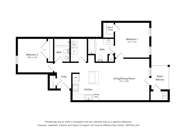 Luxury_2x2 Floor Plan at Emerald Creek Apartments, Greenville, SC
