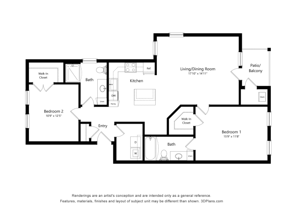 Prestige_2x2 Floor Plan at Emerald Creek Apartments, Greenville, South Carolina