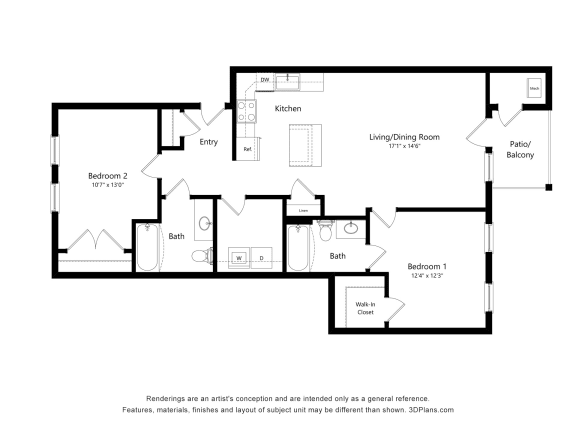 Silver Premier_2x2_Floor Plan at Emerald Creek Apartments, South Carolina