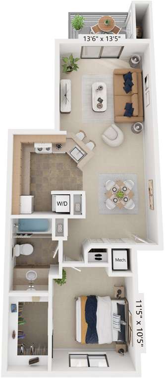 One Bedroom One Bath 3D Floor plan at Emerald Park Apartments, Kalamazoo, Michigan