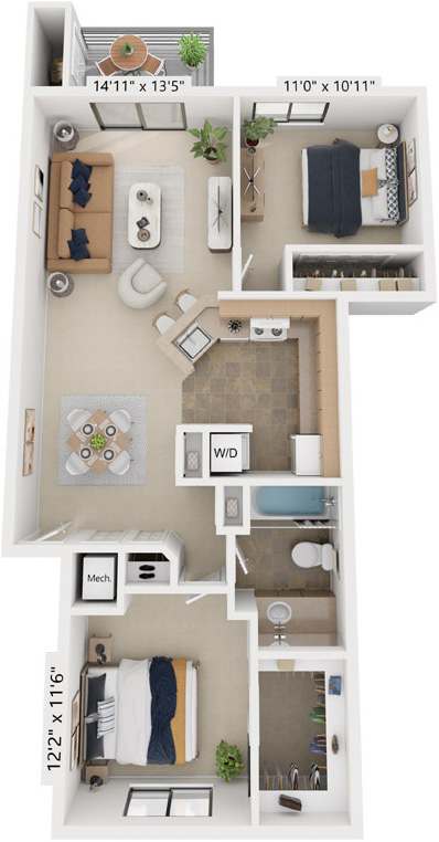 Two Bedroom Two Bath 3D Floor plan | 927 Sq. Ft. at Emerald Park Apartments, Kalamazoo