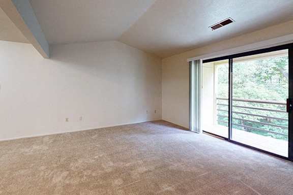 A living room with a vaulted ceiling and a slider to a private balcony at Emerald Park Apartments, Michigan