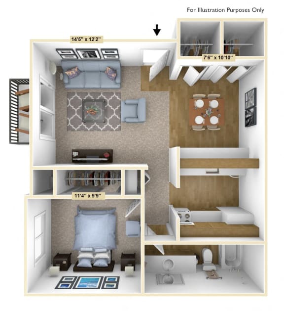 English Oak 1 Bedroom Floor Plan at Charter Oaks Apartments, Davison, MI, 48423