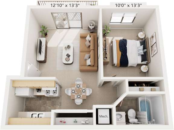 One Bedroom One Bath 3D Floor plan | 547-563 Sq. Ft. at Fairlane Apartments, Springfield, Michigan