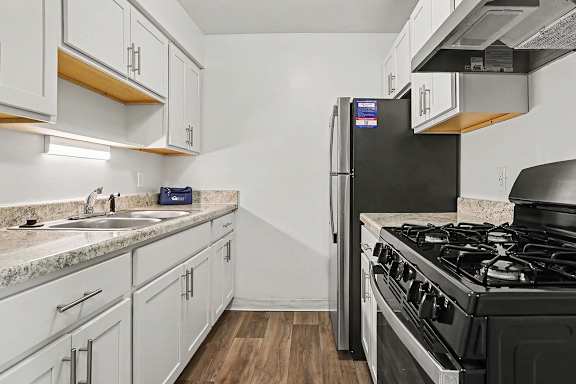 Modern galley kitchen with stainless steel appliances at Fairlane Apartments, Michigan, 49037
