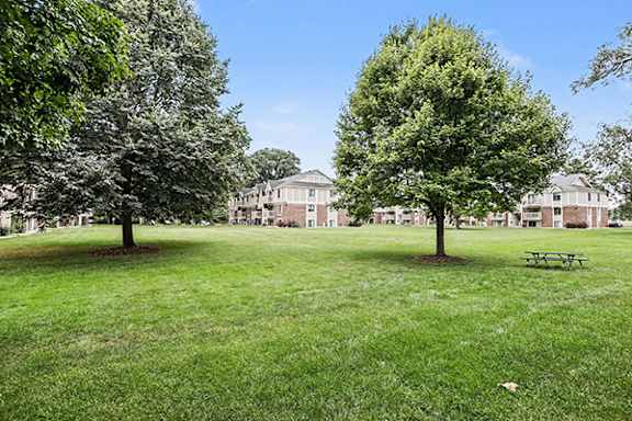 Large lawn area with trees and picnic seating at Fairlane Apartments, Springfield, MI
