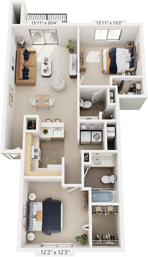Two Bedroom Two Bath 3D Floor plan at Foxwood and The Hermitage, Portage, MI