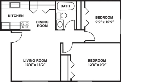 Two bedroom floor plan at Glen Oaks Apartments, Michigan