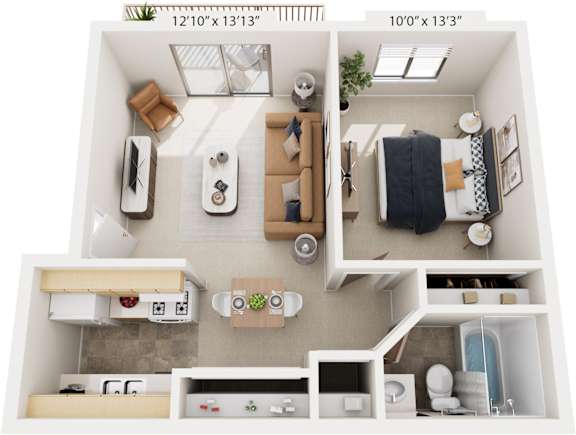 One Bedroom One Bath 3D Floorplan at Glen Oaks Apartments, Michigan
