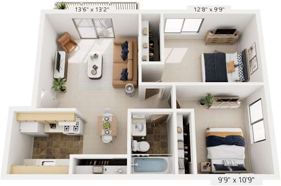 Two Bedroom One Bath 3D Floor plan at Glen Oaks Apartments, Michigan, 49442
