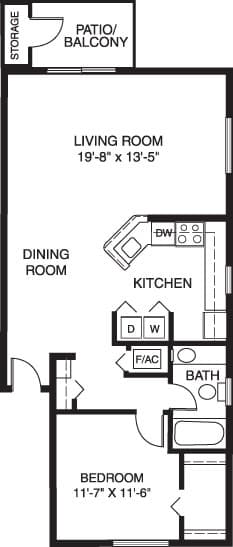 One bedroom end 2D floor plan at Glenn Valley Apartments, Battle Creek, Michigan