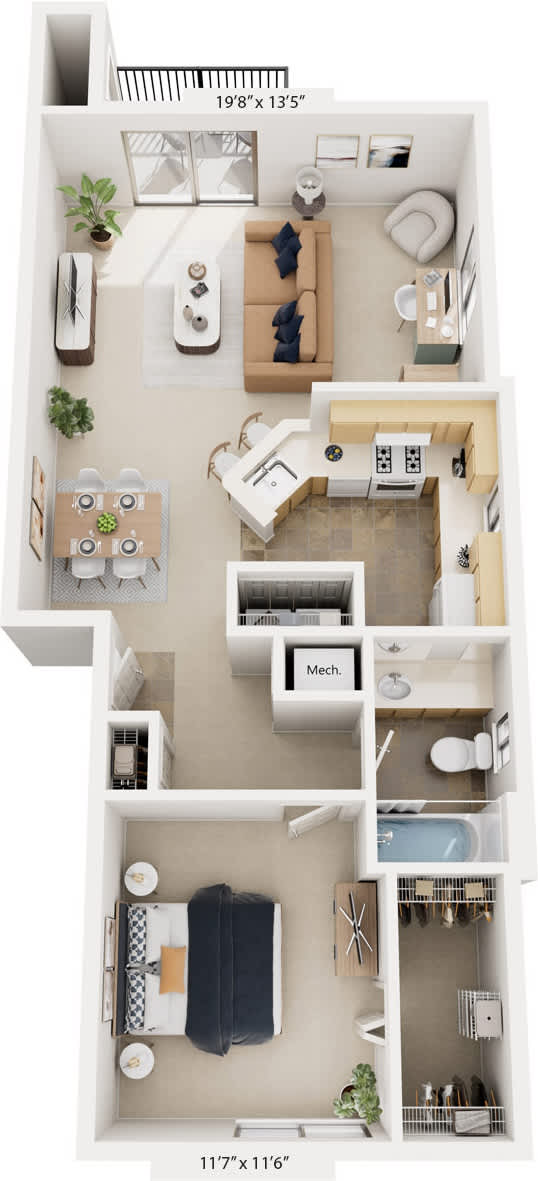 One Bedroom One Bath End 3D Floorplan at Glenn Valley Apartments, Michigan, 49015