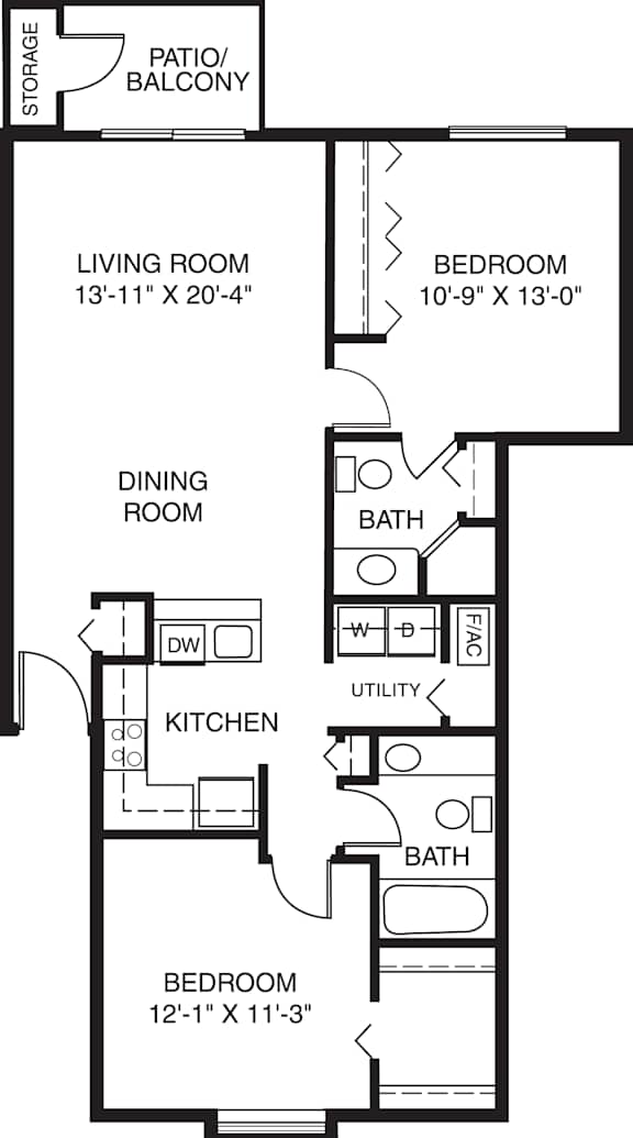 Traditional Two Bedroom Two Bath 2D floor plan at Glenn Valley Apartments, Michigan, 49015
