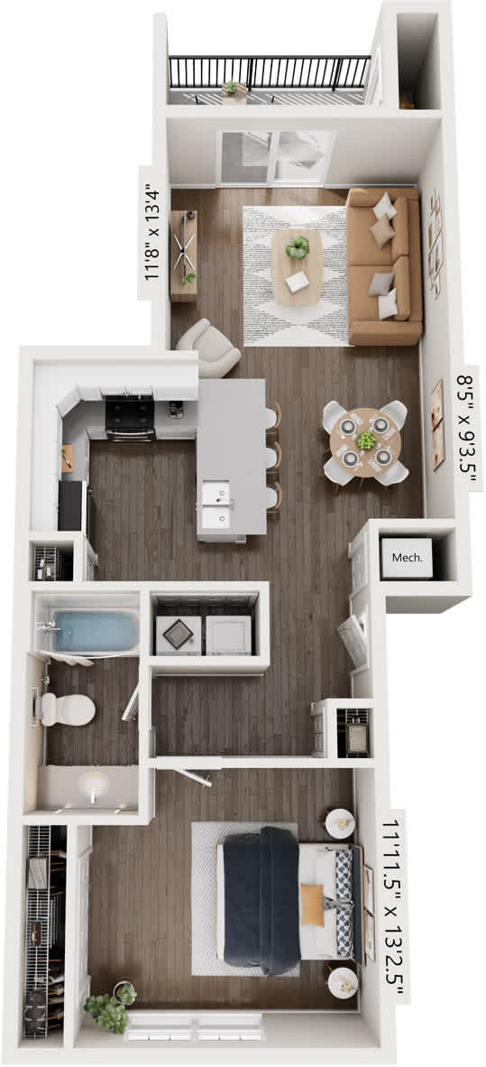 1 Bedroom 1 Bathroom 3D Floor Plan at The Grove Apartment Homes, Lincoln Nebraska