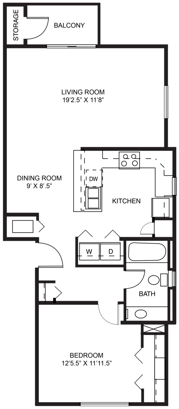 1 Bed 1 Bath 2D Floor Plan at The Grove Apartment Homes, Nebraska, 68512