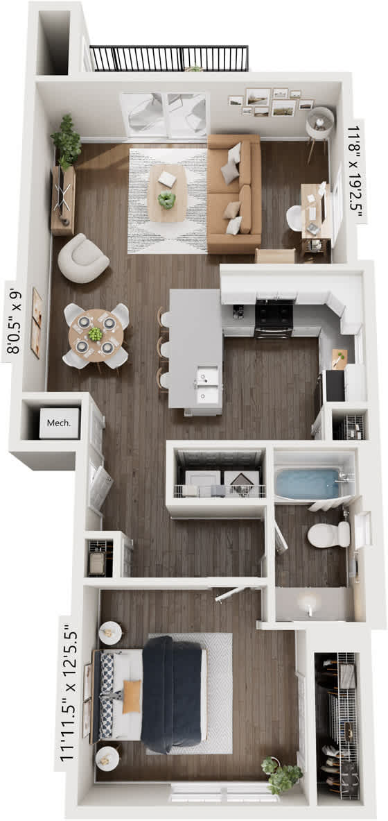 1 Bed 1 Bath 3D Floor Plan at The Grove Apartment Homes, Lincoln