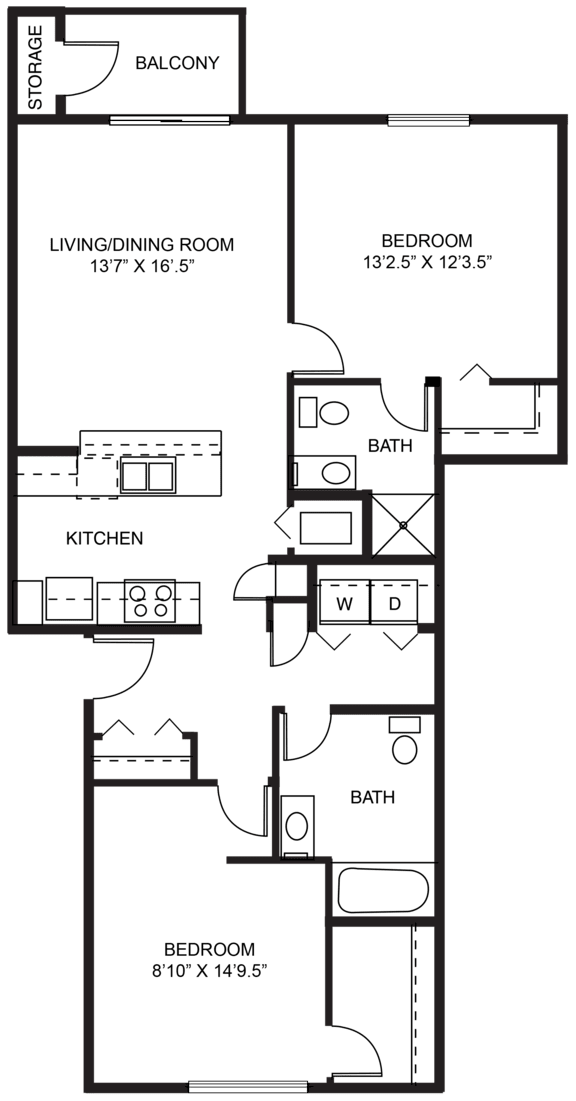 2 Bedroom 2D Floor Plan at The Grove Apartment Homes, Lincoln, NE 68512