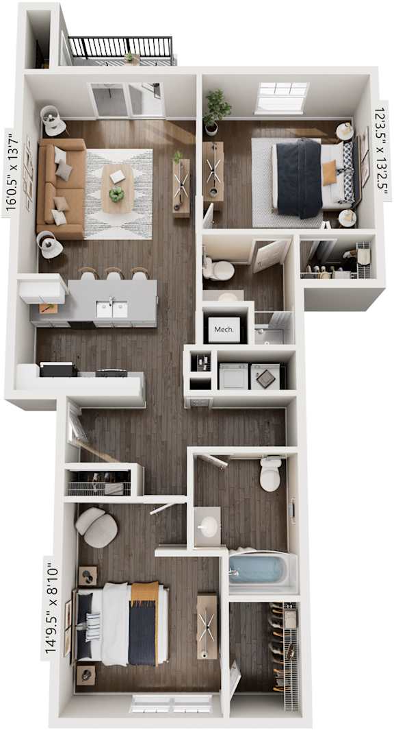 2 Bedroom 3D Floor Plan at The Grove Apartment Homes, Nebraska