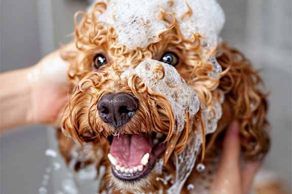 A dog is being bathed and is covered in soap suds at the pet spa at The Grove Apartment Homes, Lincoln, NE 68512