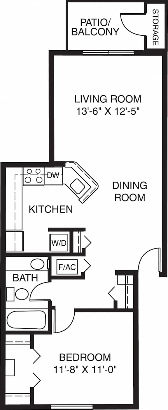 One bedroom Traditional GR floor plan at Gull Prairie/Gull Run Apartments and Townhomes, Kalamazoo, 49048