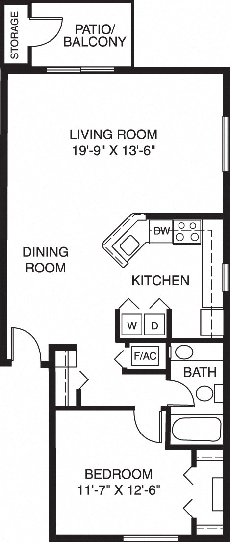 One bedroom end GR floor plan at Gull Prairie/Gull Run Apartments and Townhomes, Kalamazoo, 49048